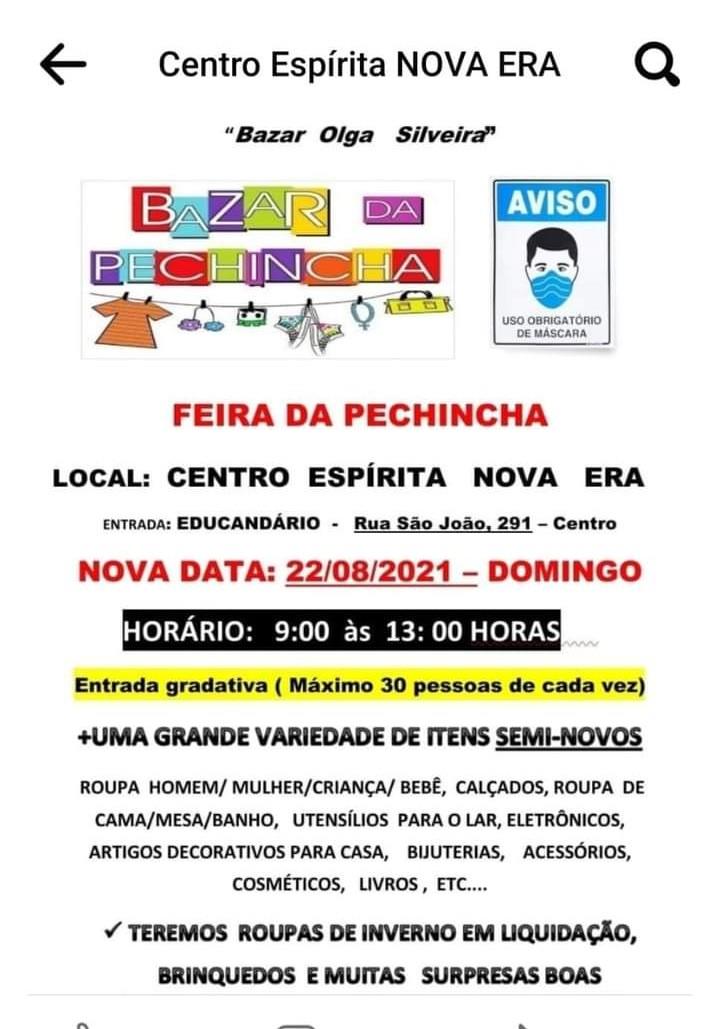 Centro Espírita Nova Era promove “Bazar Olga Silveira” neste domingo