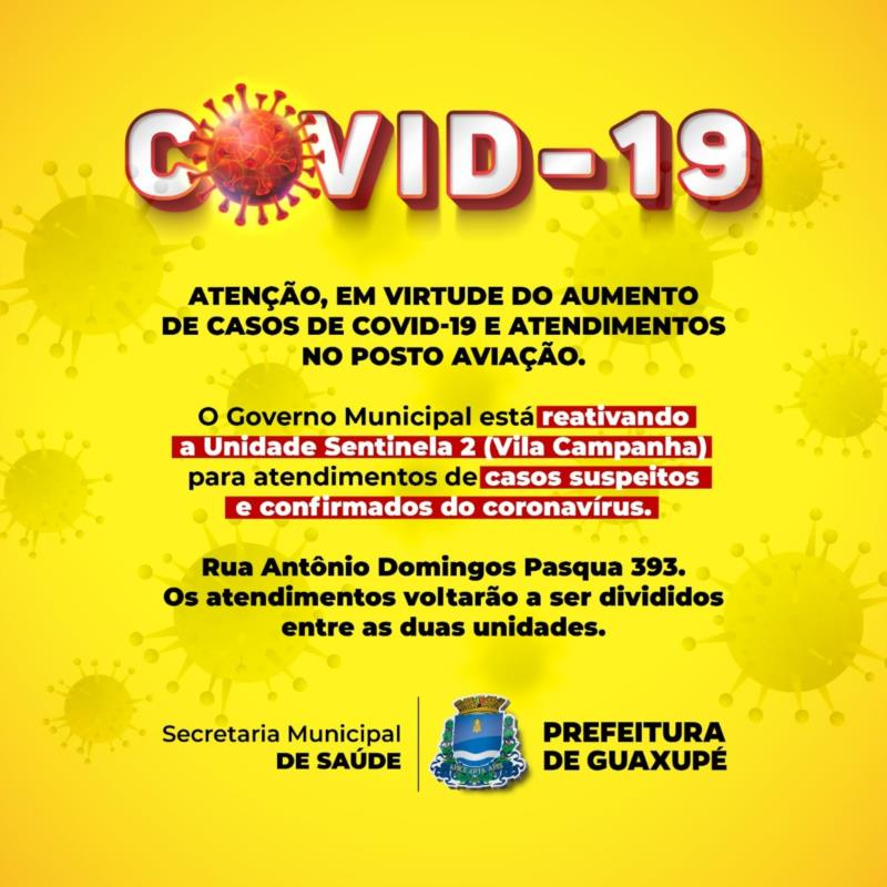 Com o aumento do número de casos de Covid-19 em Guaxupé, Posto Sentinela 2 será reativado a partir desta quinta-feira, dia 6