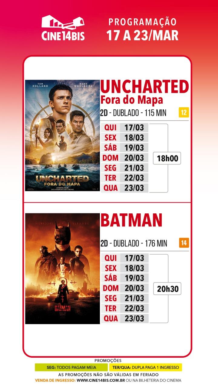 Uncharted: Fora do Mapa e Batman são as próximas programações do Cine Teatro 14 Bis 